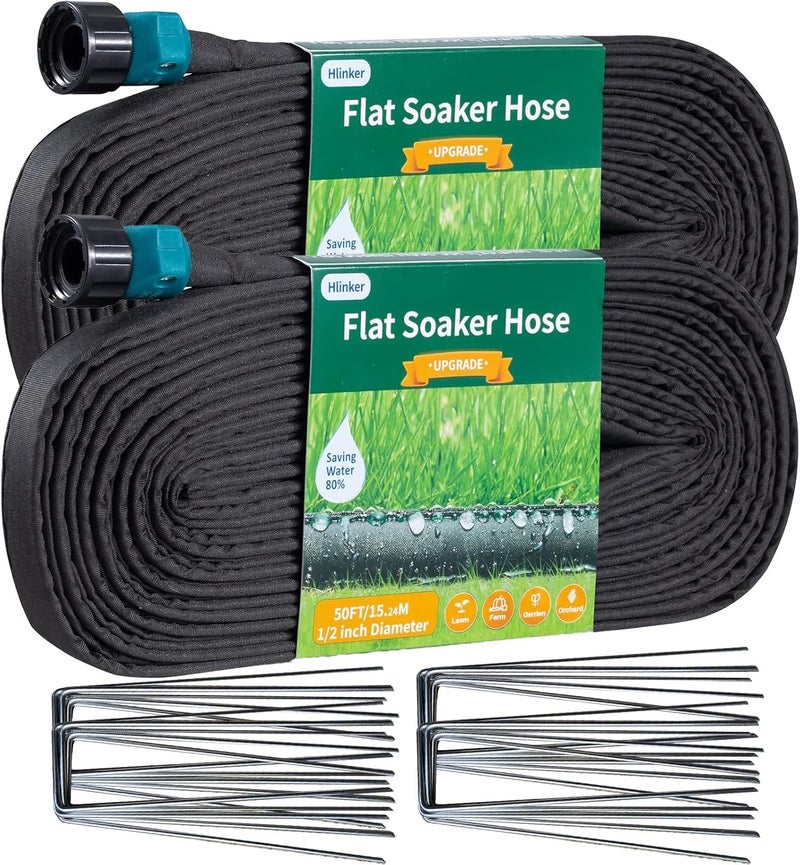 Hlinker 2026 Flat Soaker Hose 100 ft (50ft 2Packs) with Stake for Garden, Linkable Drip Hose Diy Automates Garden Irrigation System Saving 88% Water, Dual-layer Leak-free Design Water Hose with Holes - Image 1